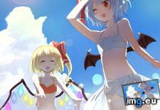 Tags: bikini, blonde, blue, chest, eyes, fang, flandre, flat, hair, ponytail, red, remilia, scarlet, short, swimsuit, touhou (Pict. in Anime Wallpapers 1920x1080 (HD manga))