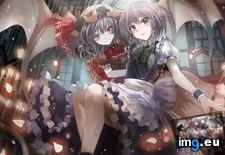 Tags: 1920x, blue, bow, dress, eyes, flowers, gray, hair, hat, izayoi, petals, red, remilia, ribbons, rose, sakuya, scarlet, touhou, wings (Pict. in Anime Wallpapers 1920x1080 (HD manga))