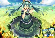 Tags: 1920x1080, anime, clouds, dress, eyes, flowers, green, hair, hatsune, miku, petals, ribbons, sky, sunflower, vocaloid, wallpap (Pict. in Anime Wallpapers 1920x1080 (HD manga))