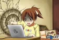 Tags: 1920x1080, anim, bed, brown, computer, eyes, hair, hirasawa, laptop, ponytail, ribbons, samuraichamp, yui (Pict. in Anime Wallpapers 1920x1080 (HD manga))